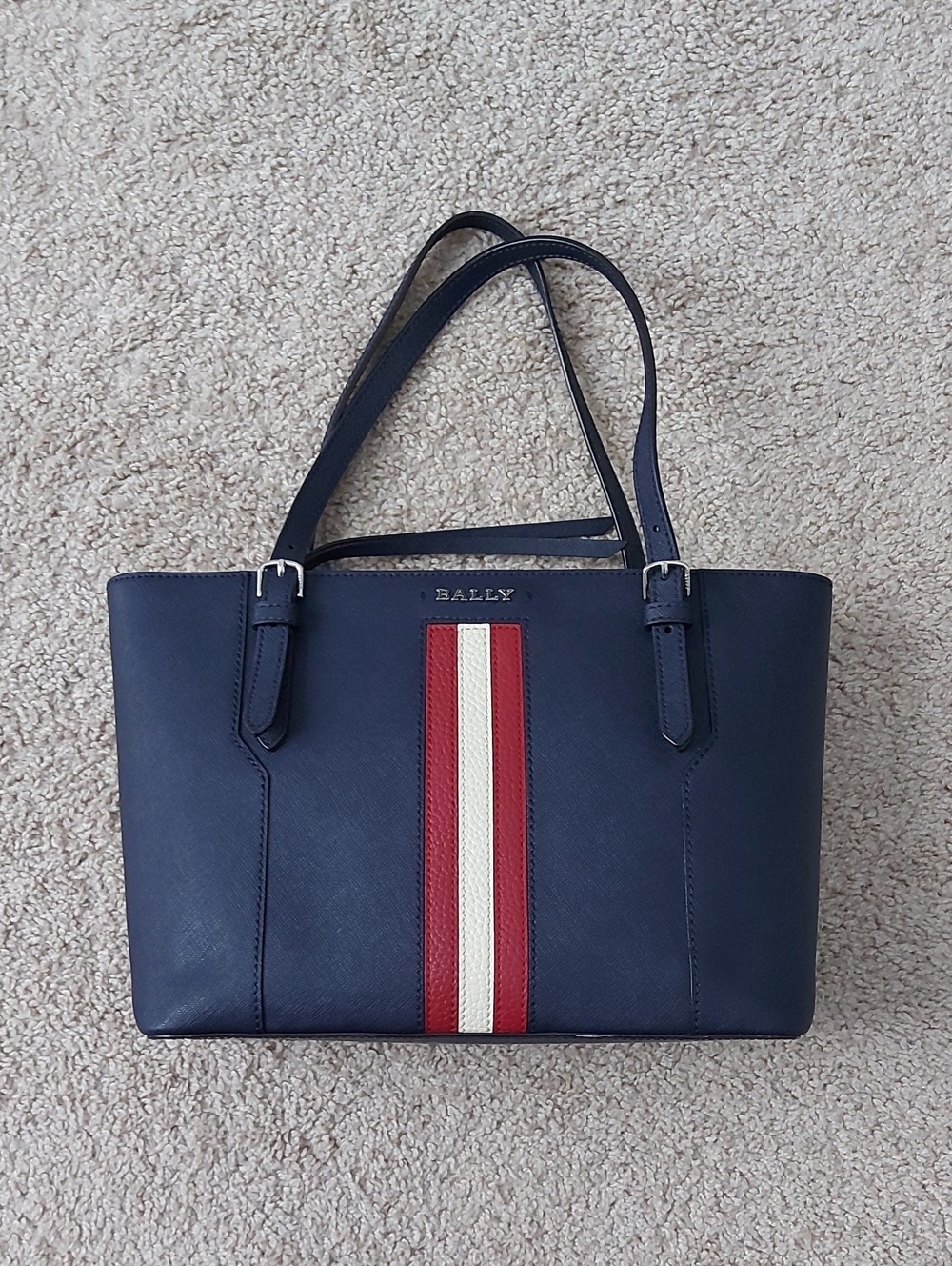 Bally Navy Tote with Red and White Center Stripe